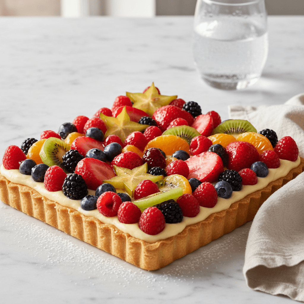 Fruit tart topped with glossy berries and sliced fruit