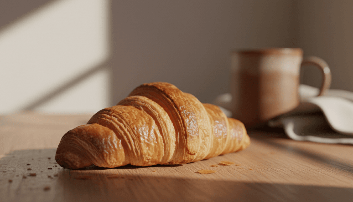 Golden croissant with visible flaky layers on a wooden counter