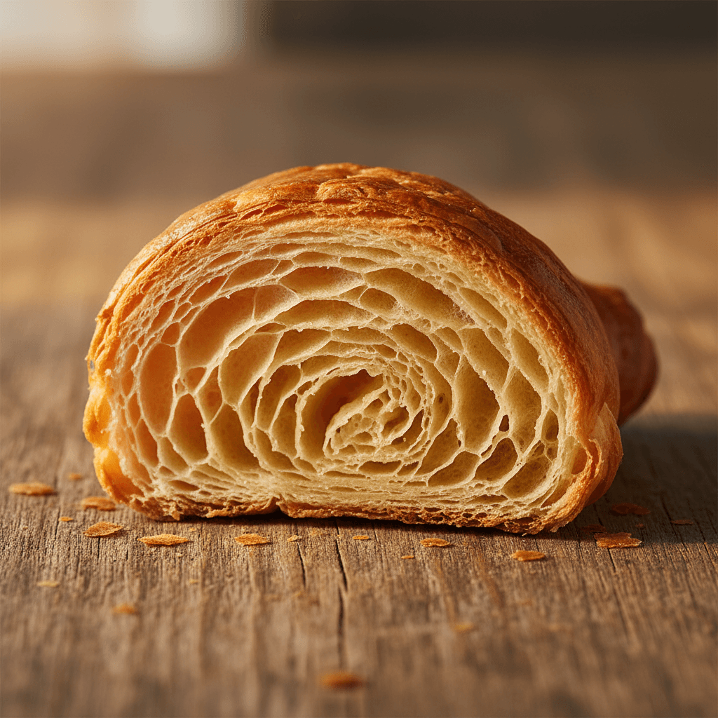Cross-section of a flaky golden croissant showing honeycomb layers
