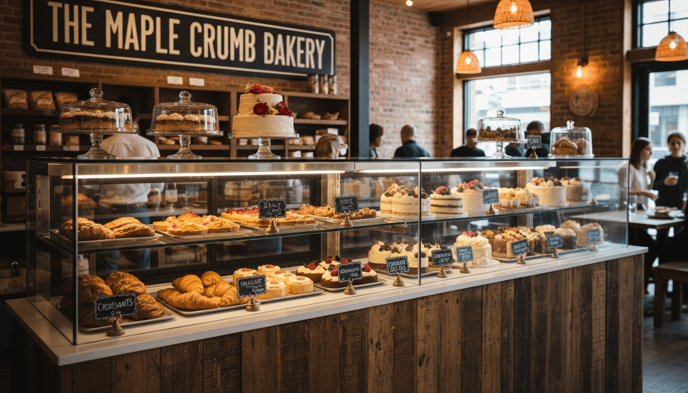 Display case with pastries and cakes in a Toronto bakery
