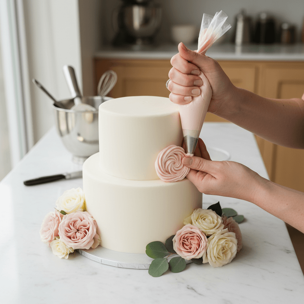 Celebration cake with buttercream and fresh flowers