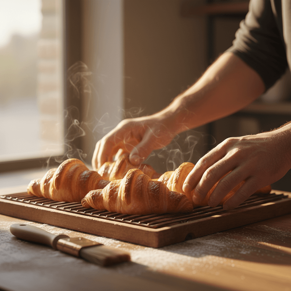 Golden croissants cooling on a wire rack in a bakery kitchen