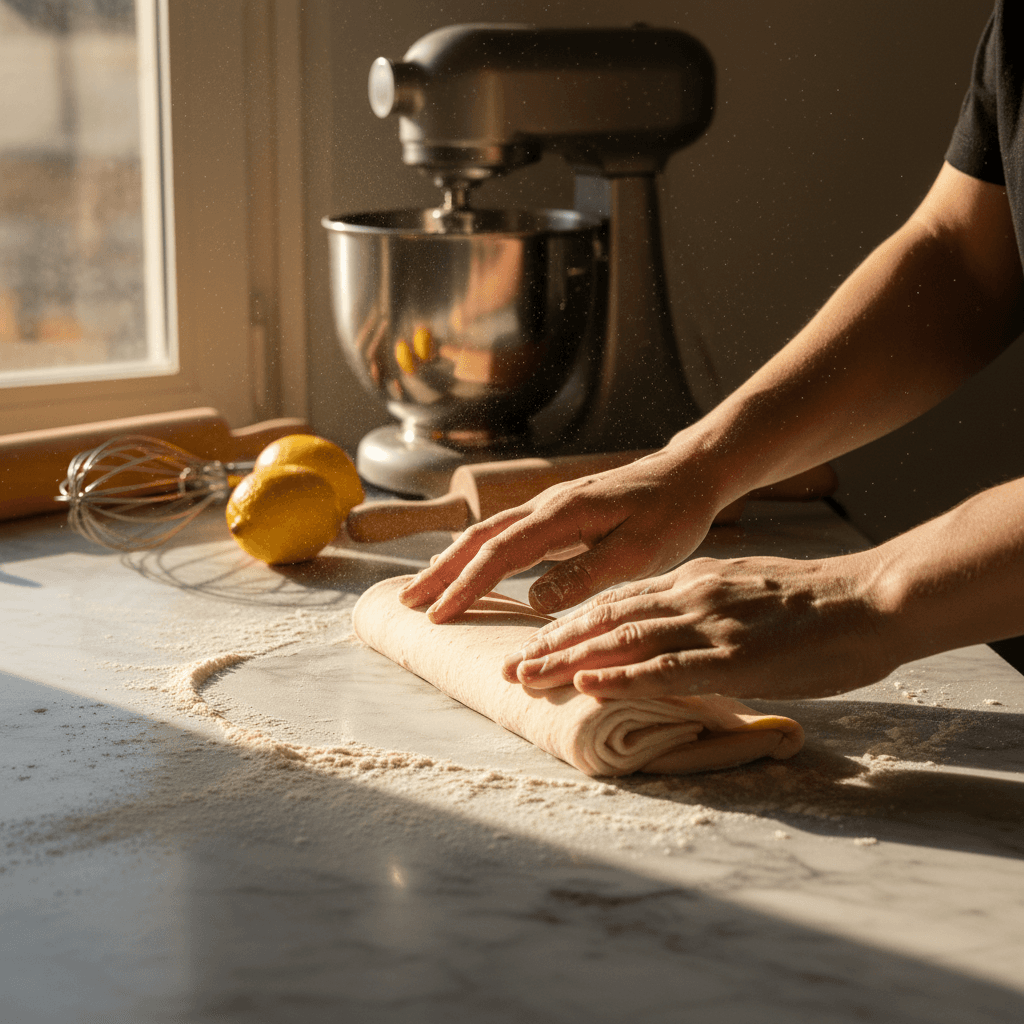 Baker folding croissant dough in a sunlit Toronto bakery kitchen