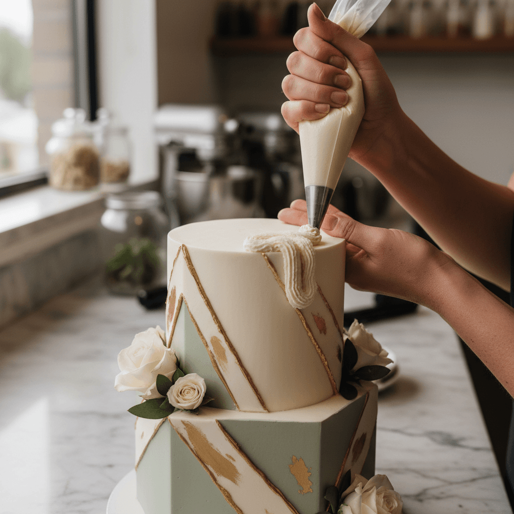 Three-tier wedding cake with buttercream and fresh flowers