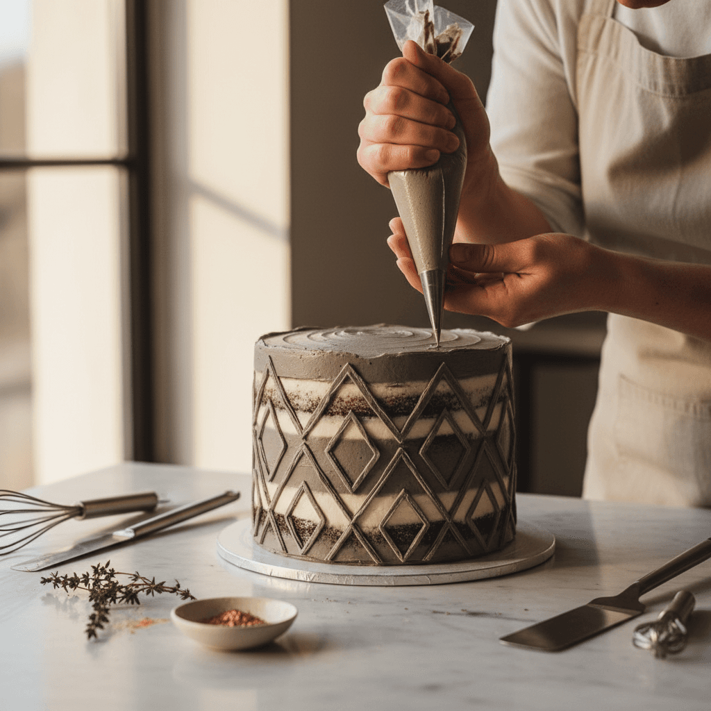 Pastry chef piping the final decoration on a custom layer cake