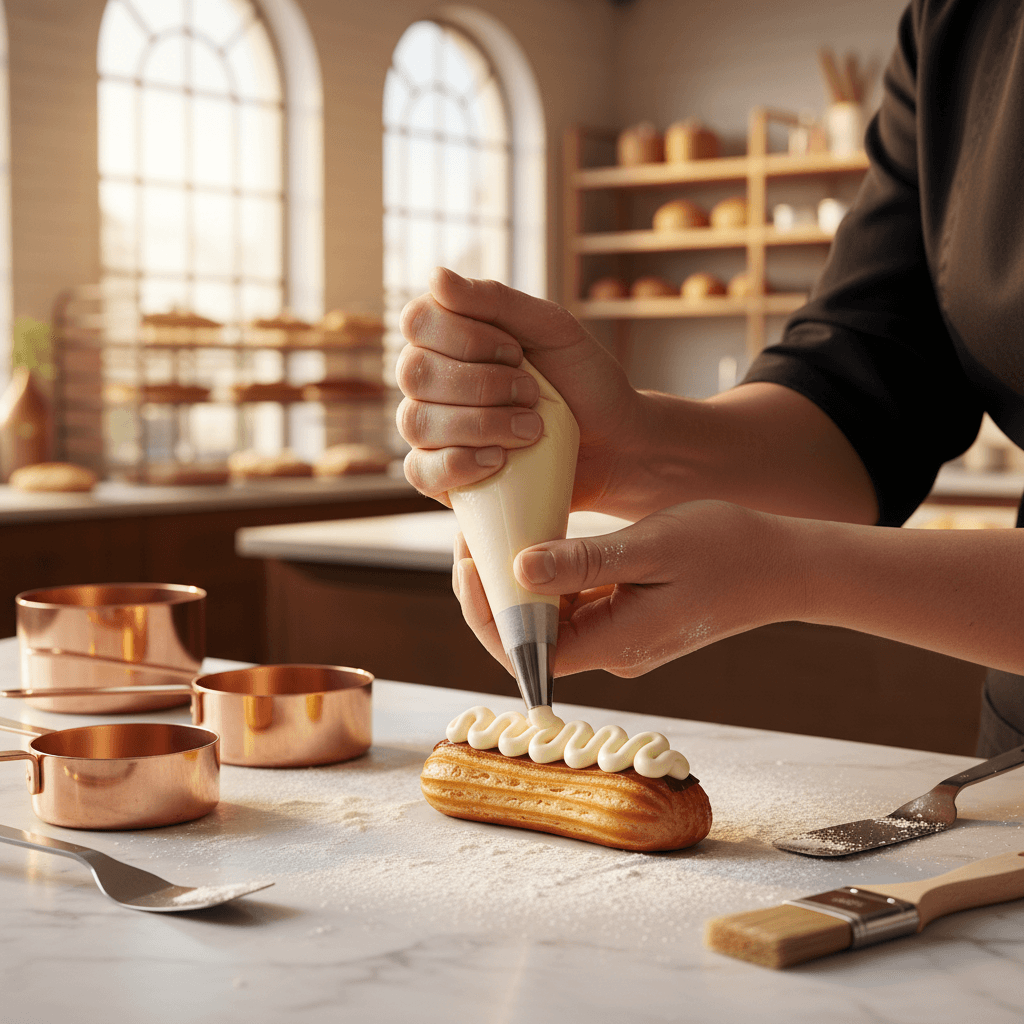 Baker piping cream onto chocolate éclairs