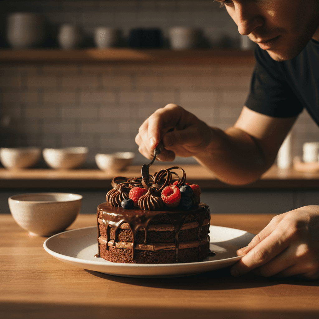 Pastry chef holding a tray of cake samples in a bakery