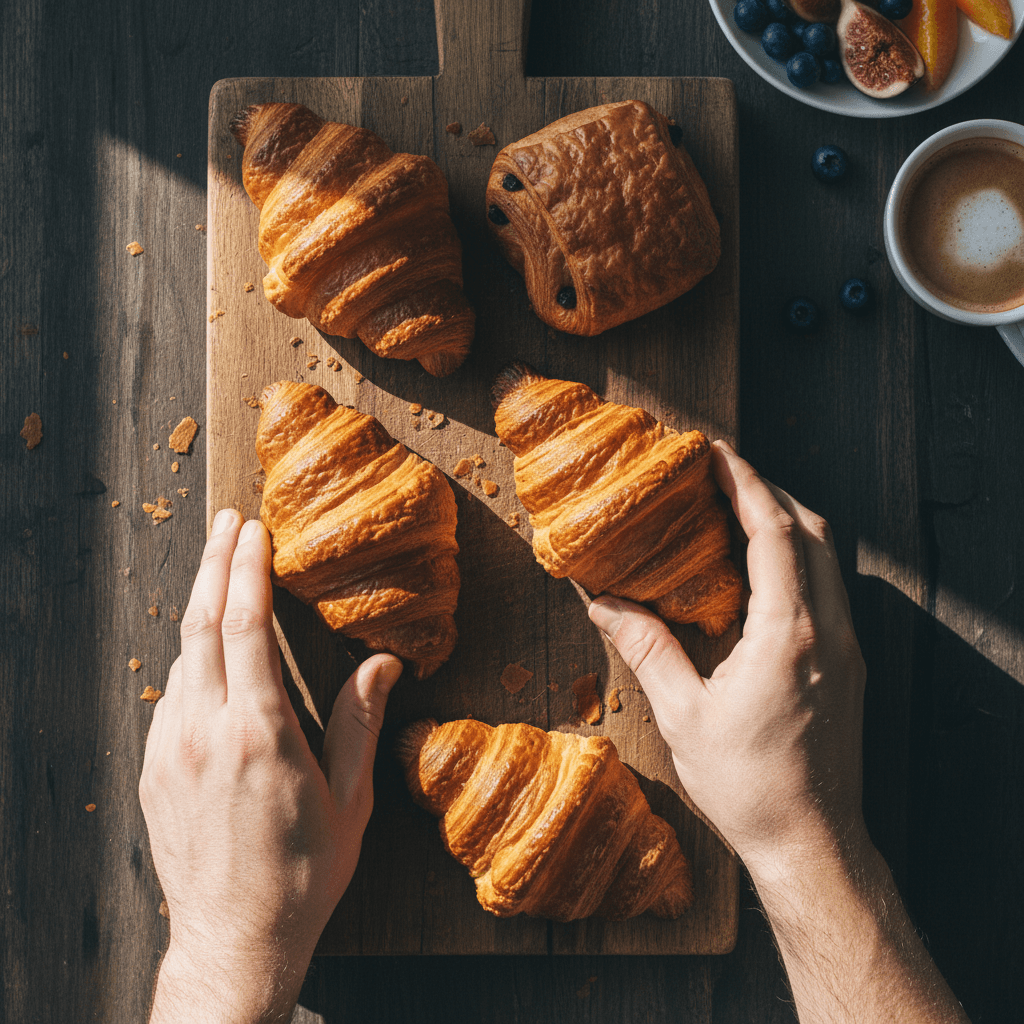 A baker arranging fresh croissants and tarts in a sunlit display case