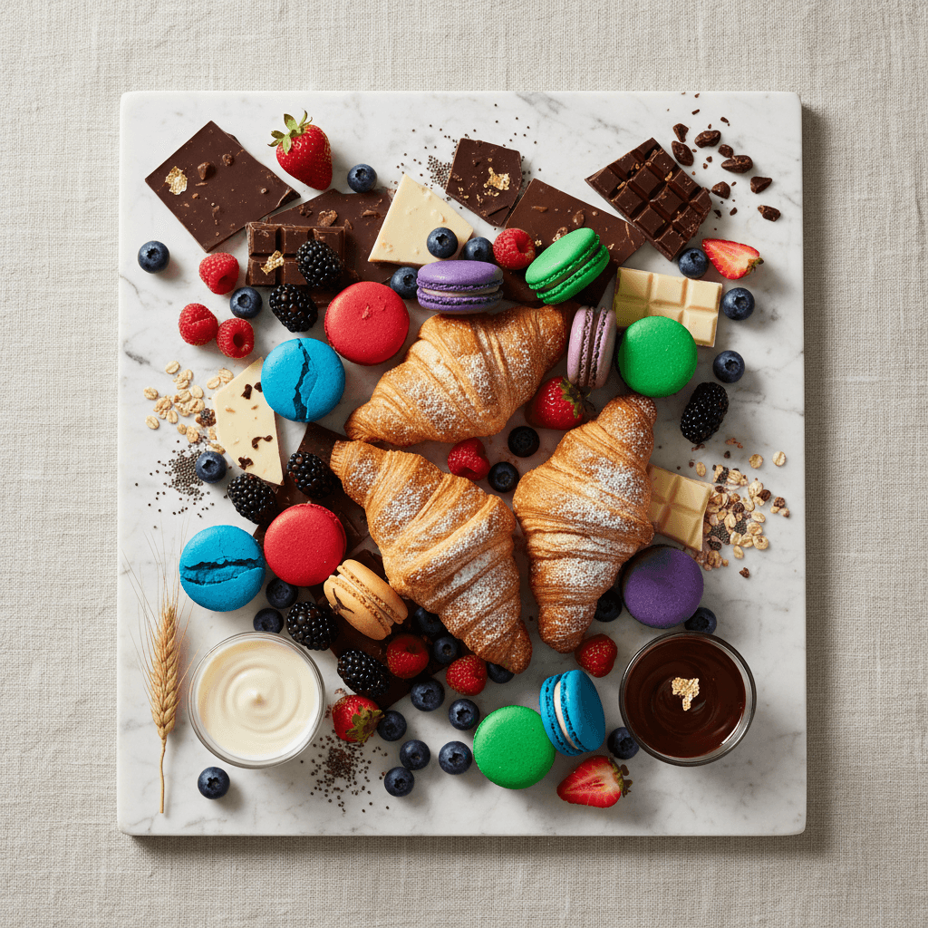 Assorted dessert platter with tarts, croissants, and cookies