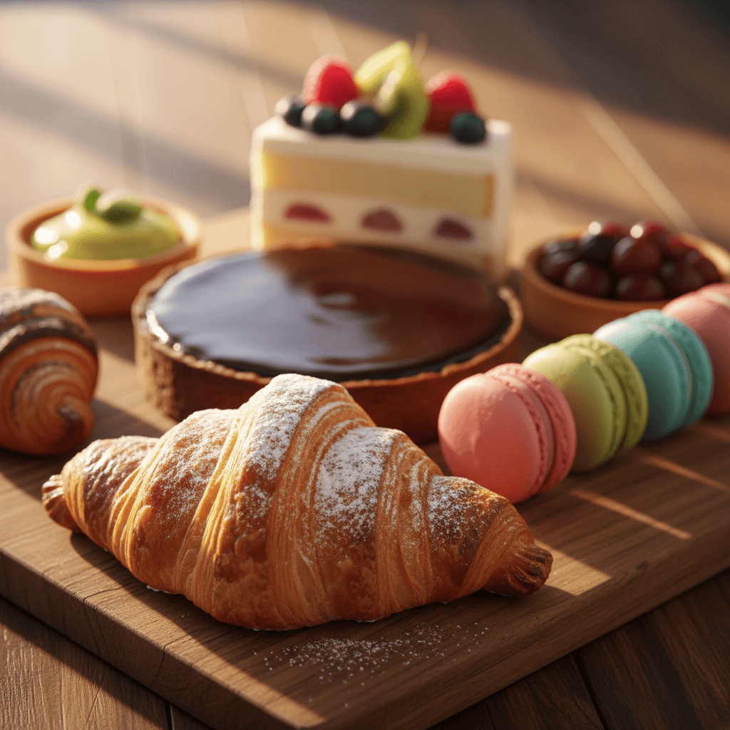 Dessert platter with mini tarts, croissants, and cookies