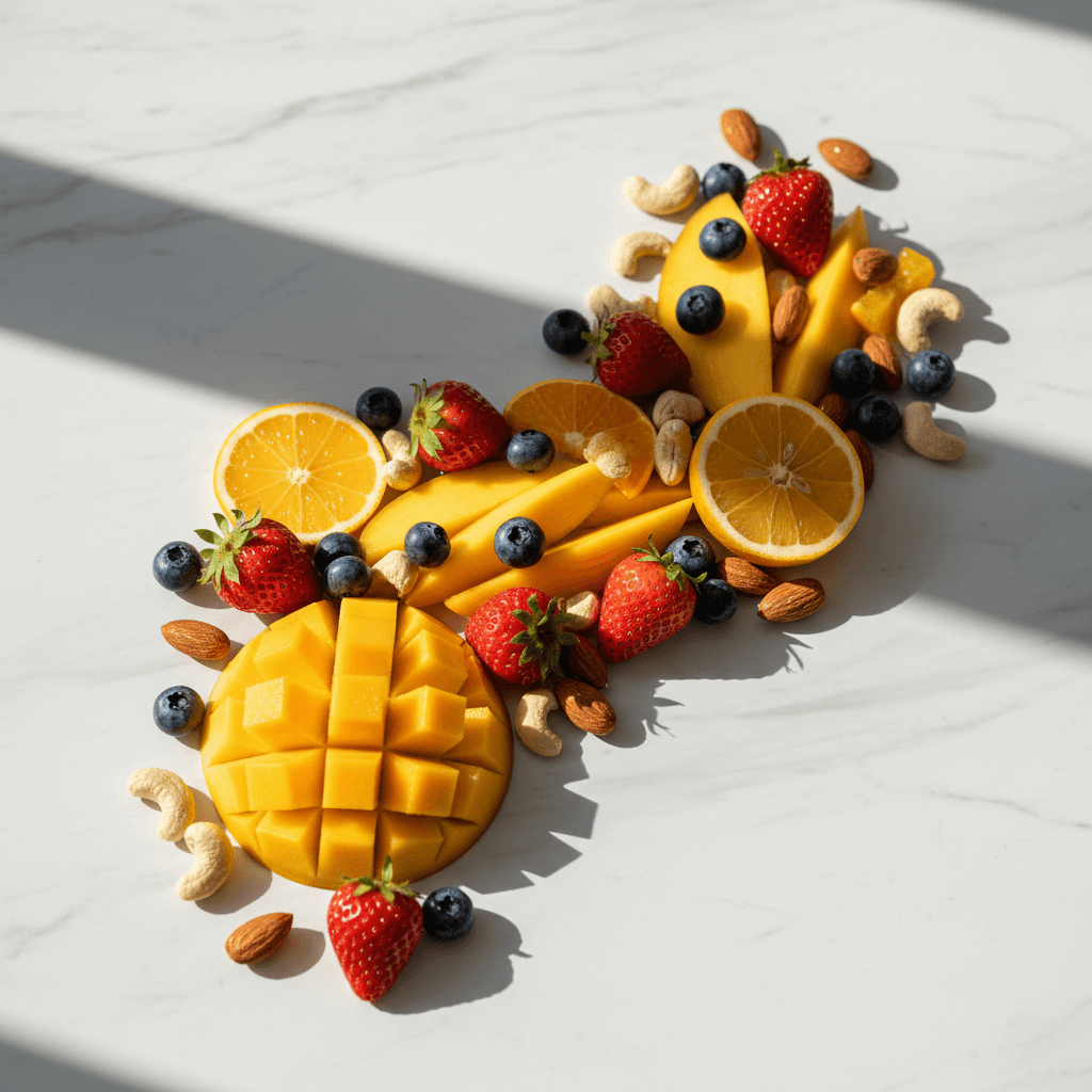 Seasonal berries and stone fruit arranged on a wooden board
