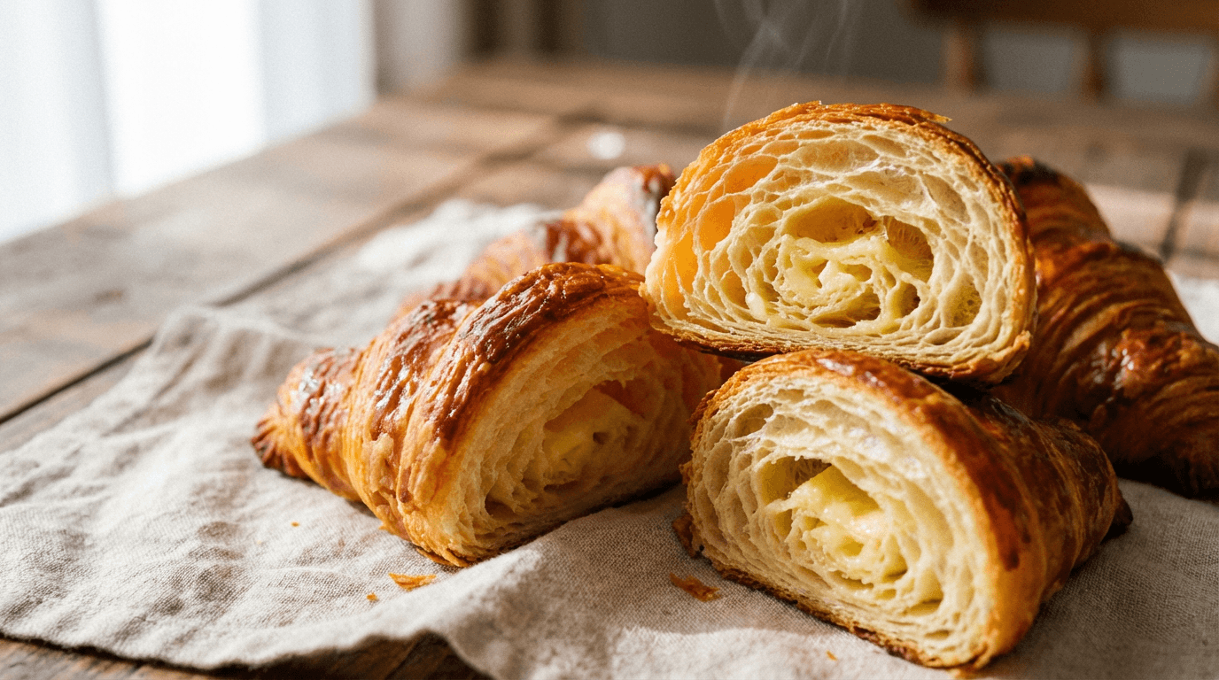 Golden butter croissant showing flaky layers