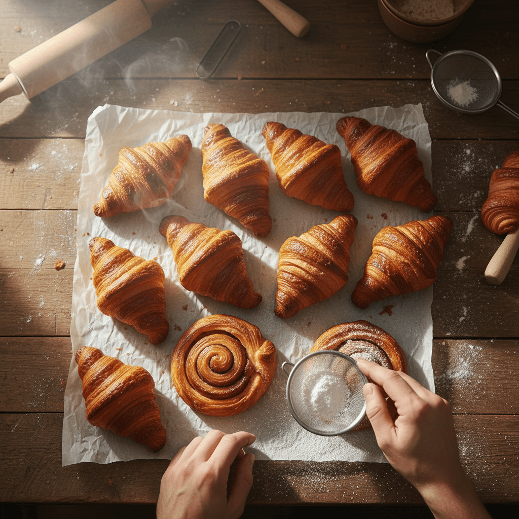 Fresh croissants and fruit tarts displayed on a counter at a Toronto bakery