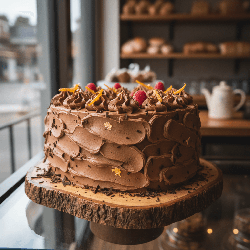 Slice of chocolate layer cake with ganache