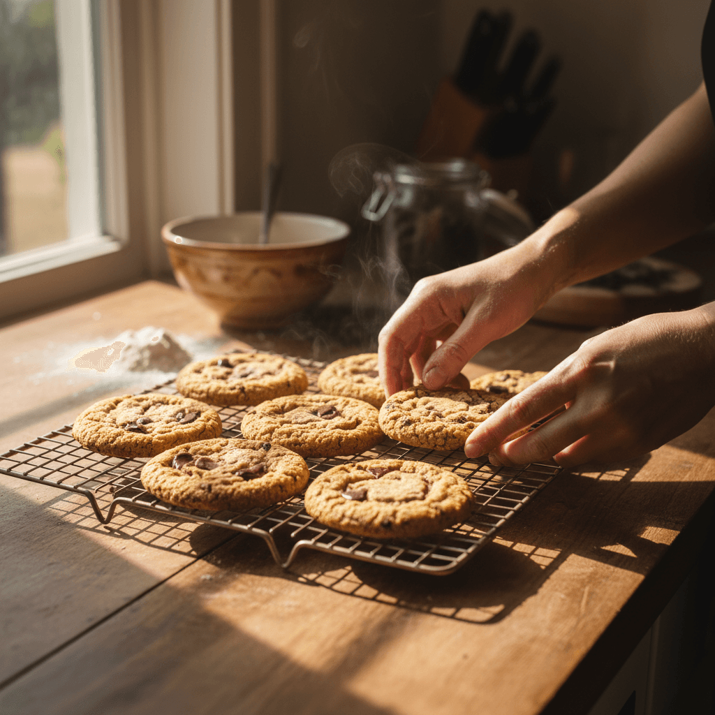 Stack of freshly baked chocolate chip cookies