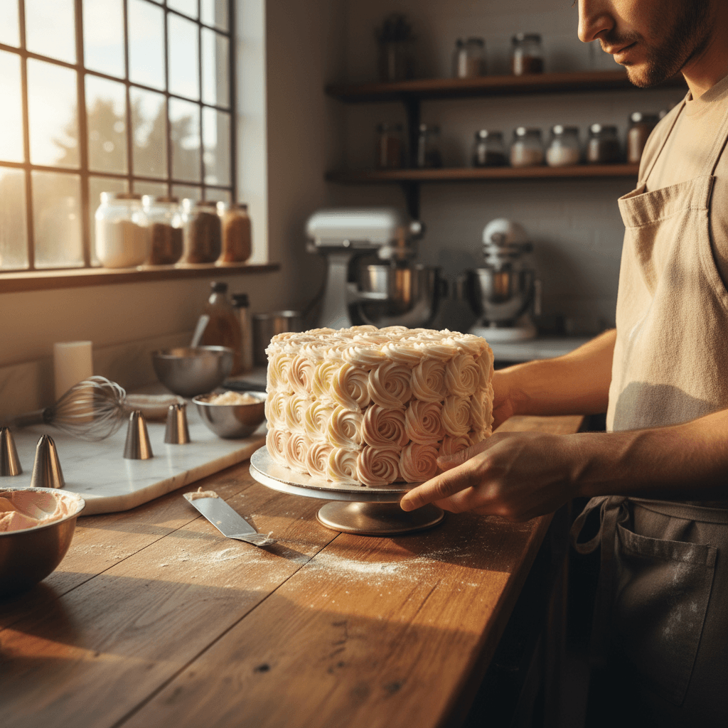 Baker piping buttercream rosettes onto a cake