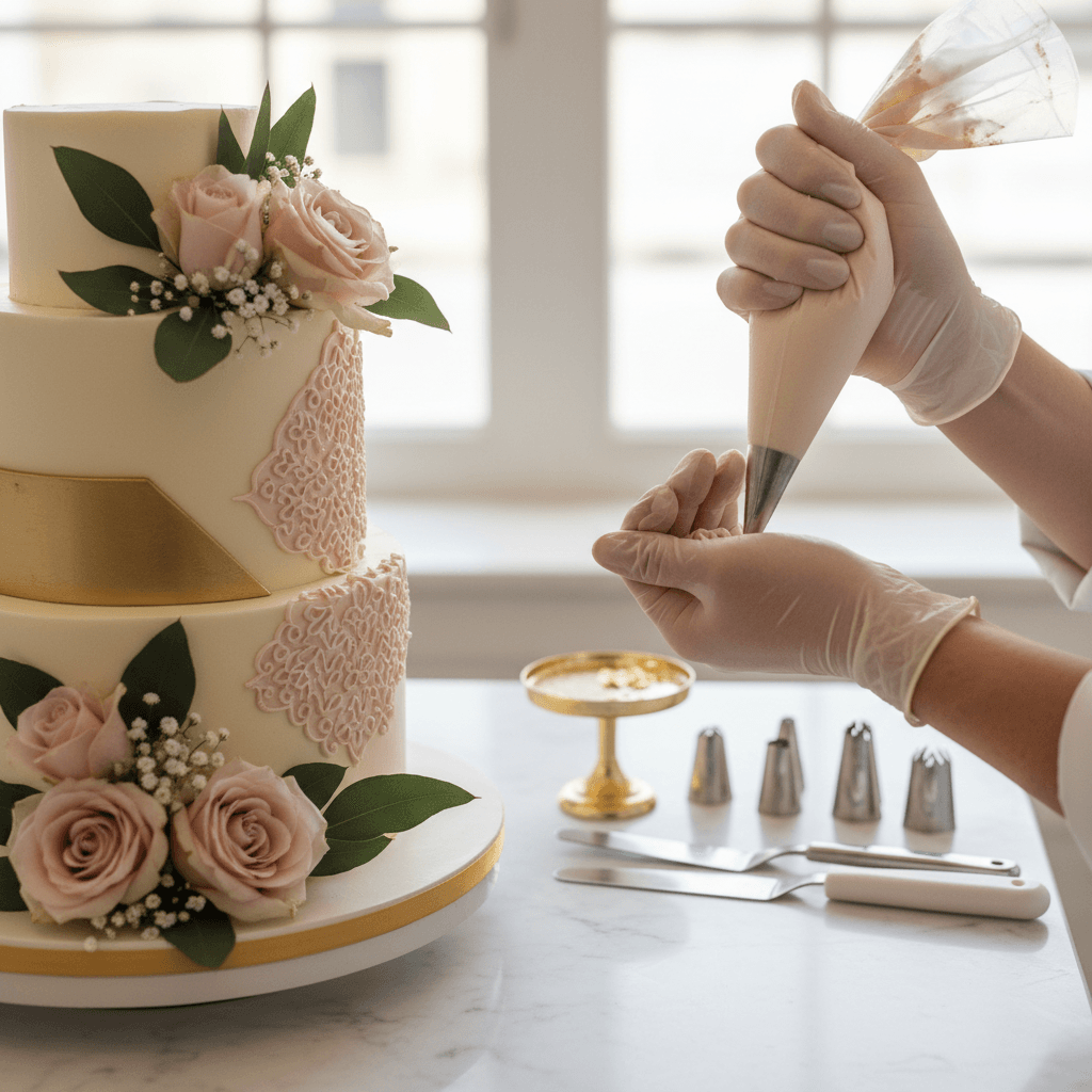 Three-tier white wedding cake with piped buttercream and fresh flowers