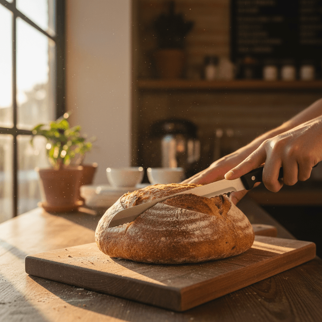 Blocks of butter being cut into flour on a wooden workbench