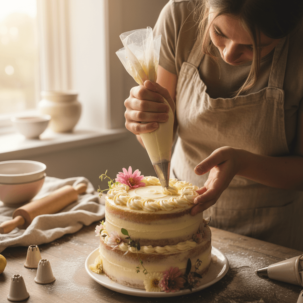 Baker piping buttercream onto a custom layer cake